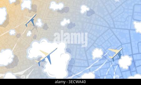 Top view of airplane flying above city map. Panoramic scenery top view on planes flies among the clouds. Plane journey over modern megapolis city Stock Vector