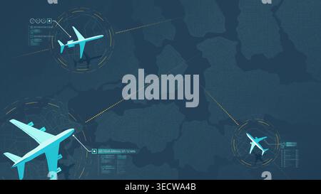 Flight status. Track airplanes flight route data, air traffic. Top view of airplane flying above city map. Plane journey over modern megapolis city Stock Vector