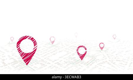 GPS. Track navigation pins on street map. Red color point markers. Vector illustration on white background Stock Vector