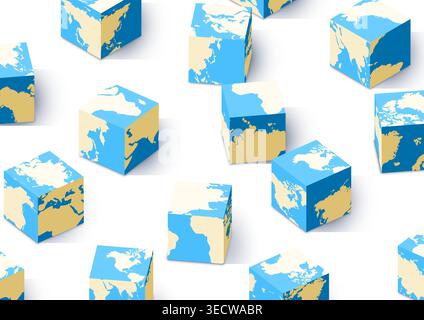 Cubes with world map on it. Abstract cubes with maps. Varying sizes map. Vector illustration on white background Stock Vector