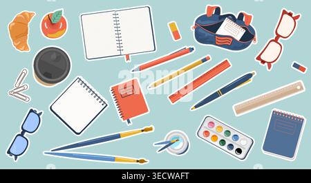 Ultimate Back to School Sticker Pack Vector Large Collection of Academic Stationery Art Supplies Coffee and Snacks with White Border for Digital Stock Vector