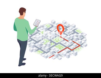 Tourist traveling using his smartphone to favorite places on map. Isometric gps navigation concept. City map route navigation smartphone, phone point Stock Vector