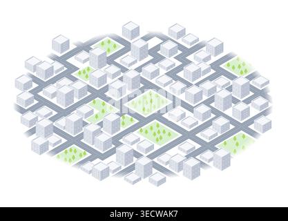 Cityscape, featuring numerous buildings and trees. 3D buildings of various sizes in city. Vector illustration on white background Stock Vector