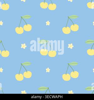 Seamless cherry pattern with flowers on blue background in cute flat style Stock Vector