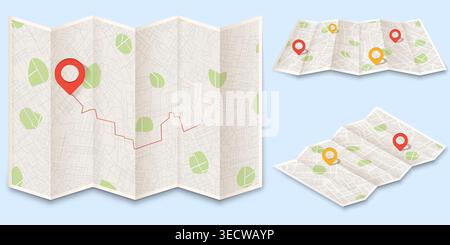 Set of Paper map with red points. Local street gps navigation. City route navigation to marker. Abstract navigation between markers. Geography Stock Vector