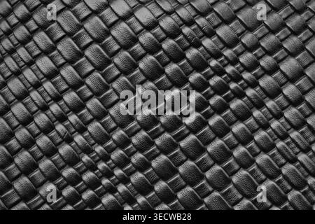 Close up of black woven leather bag surface with detailed braided texture. Luxury fashion background for accessories, craftsmanship, premium material Stock Photo