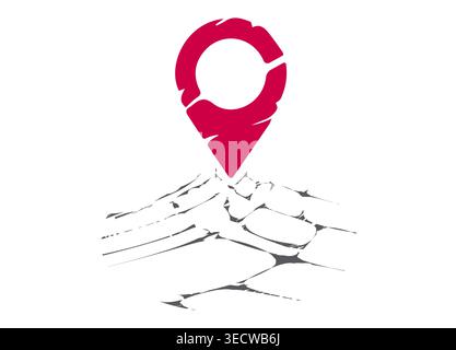 Mountains sketch landscape with hills and pinpoint. Adventure sports and hiking tourism concept. Vector illustration on white background Stock Vector