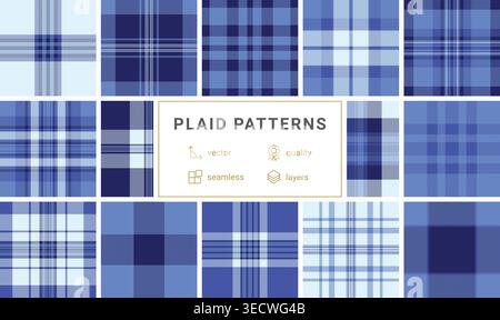 A sophisticated blue plaid pattern featuring intersecting navy and sky blue stripes. This classic tartan design is perfect for textile textures, fashi Stock Vector
