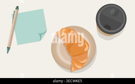 Minimalist Morning Set Vector Mint Sticky Note with Realistic Curled Corner Recycled Pen Coffee and Croissant for Cafe Branding and Planning Design Stock Vector