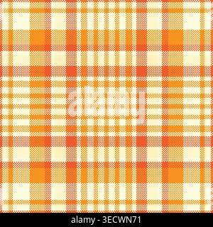 Vibrant orange and yellow pixelated plaid pattern offers a nostalgic retro aesthetic. Perfect for digital textile designs, autumn backgrounds, and cre Stock Vector