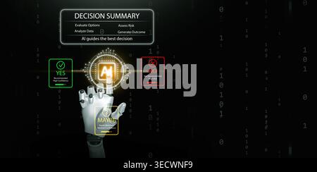 Artificial intelligence decision making concept with robotic hand touching AI interface showing yes, no and maybe options, decision summary, risk asse Stock Photo