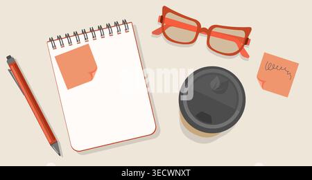 Minimalist Workspace Flat Lay Vector Open Notebook with Orange Sticky Notes Reading Glasses and Coffee Professional Creative Desk for Planning Design Stock Vector