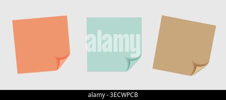 Minimalist Sticky Notes Set Vector Three Realistic Paper Memo Pads with Curled Corner in Muted Orange Mint and Kraft Tones for Office Planning and Stock Vector