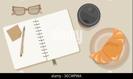 Minimalist Eco Workspace Flat Lay Vector Open Kraft Notebook with Realistic Sticky Note Wooden Glasses Coffee and Croissant for Lifestyle Branding Stock Vector