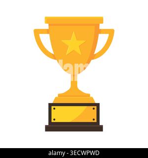 Realistic golden trophy cup illustration with a wooden base Symbol of success, prize, award or achievement for business goals, sports competitions Stock Vector