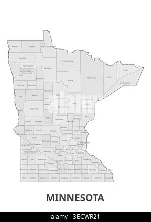 Detailed political map of the State of Minnesota, USA, displaying all 87 counties and the state's distinct borders. Stock Vector