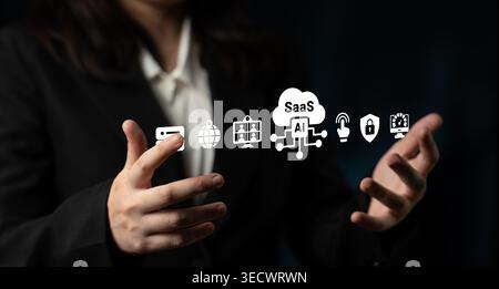 A business professional showcases technology applications using hand gestures, emphasizing the impact of SaaS and AI on modern industry and digital Stock Photo