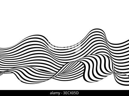 Striped black and white wave mimicking fabric movement on a minimalist graphic background. Stock Photo