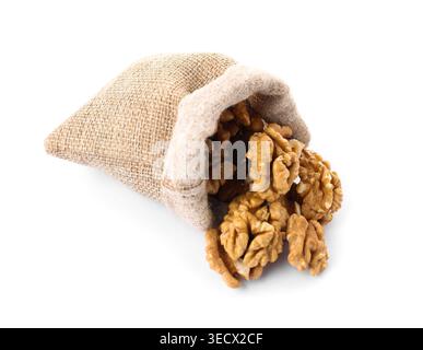 Walnuts in burlap bag isolated on white Stock Photo