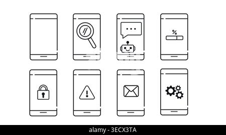 Smartphone service and UI icon set: 8 mobile phone vectors. Stock Vector