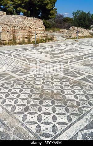 Black and white tessellated floor with vine, diamond and mythological motifs at the roman baths of Isthmia, Corinthia region, Peloponnese, Greece. Stock Photo