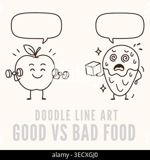Healthy fitness apple vs unhealthy sugary ice cream mascot cartoon doodle set Stock Vector