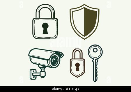 Vintage security protection icons engraving style vector elements set Stock Vector