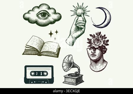 Vintage mystical esoteric line art set with classical statue and celestial doodle elements Stock Vector