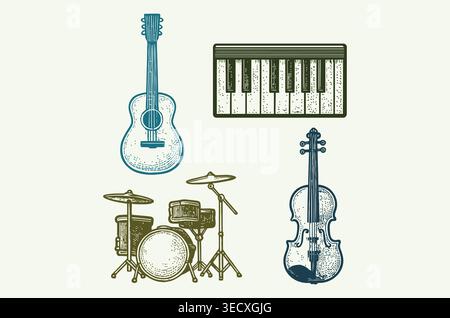 Vintage musical instruments engraving style illustration vector set Stock Vector