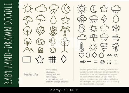 Hand drawn weather forecast icons and cute nature journaling doodle set Stock Vector