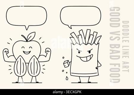 Healthy apple with almonds vs unhealthy french fries mascot cartoon doodle set Stock Vector
