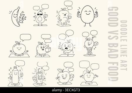 Funny healthy vs unhealthy food mascot cartoon doodle mega collection set Stock Vector