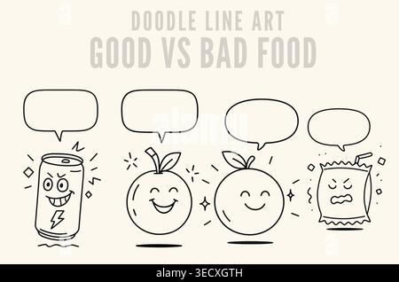Healthy fruits vs unhealthy soda and snacks mascot cartoon doodle line art set Stock Vector