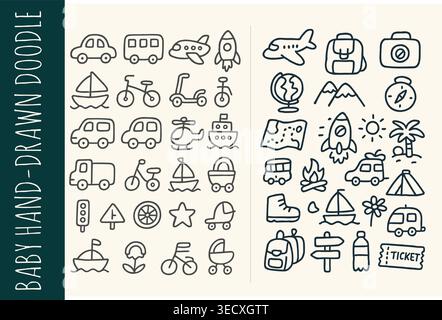 Hand drawn kids transportation icons and adventure travel camping doodle set Stock Vector