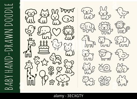 Hand drawn cute animal icons and baby birthday party doodle element pack Stock Vector