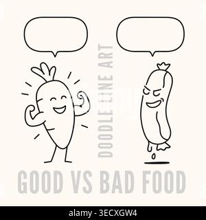Healthy carrot vs unhealthy sausage mascot cartoon doodle set with empty speech bubbles Stock Vector