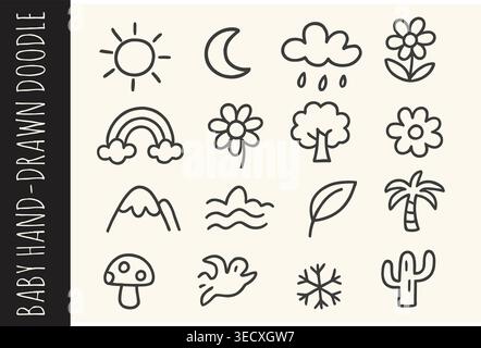 Hand drawn nature icons set with cute weather and plants doodle elements Stock Vector
