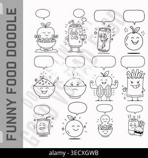 Funny healthy vs unhealthy food mascot cartoon doodle set with blank speech bubbles Stock Vector
