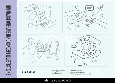 Minimalist cybersecurity data protection and email marketing line art concept illustration set Stock Vector