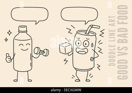 Healthy water vs unhealthy soda mascot cartoon doodle line art set with empty speech bubbles Stock Vector