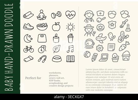 Hand drawn fitness icons and cute baby doodle avatar element collection pack Stock Vector