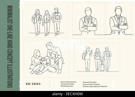Minimalist continuous line art people illustration set with students doctor and businessman Stock Vector