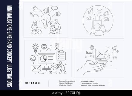 Minimalist business brainstorming and digital marketing line art concept illustration set Stock Vector