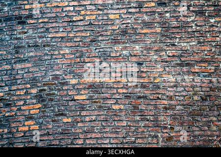 A close-up view of a curved, aged brick wall featuring a diverse range of weathered textures and multi-colored bricks in red, brown, and deep tones. T Stock Photo