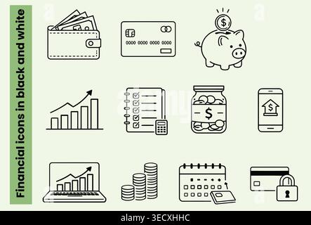 Whimsical hand-drawn financial icon set in minimalist black and white line art Stock Vector