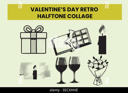 Retro halftone collage of time and productivity objects in vintage engraving style Stock Vector