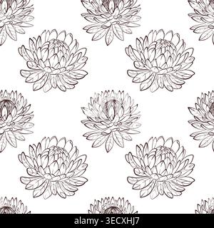 Protea seamless pattern, monochrome outline vector illustration, floral background for textile design Stock Vector