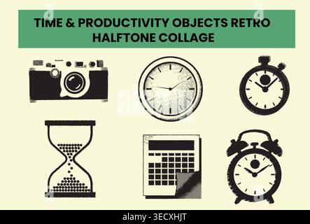 Retro halftone collage of time and productivity objects in vintage engraving style Stock Vector