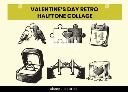 Creative collection of engraved romantic doodles featuring love birds, puzzle, and ring Stock Vector