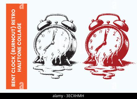 Retro halftone illustration of a melting alarm clock symbolizing burnout Stock Vector